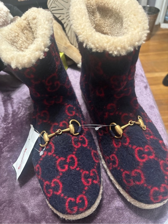 Gucci Shoes - Gucci Navy & Red Wool Slip-On Boots with Cream Shearling Trim